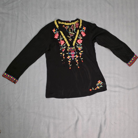 Johnny Was Tops - Johnny Was Blouse Women S Black Floral Embroidered Boho Rayon Peasant Top